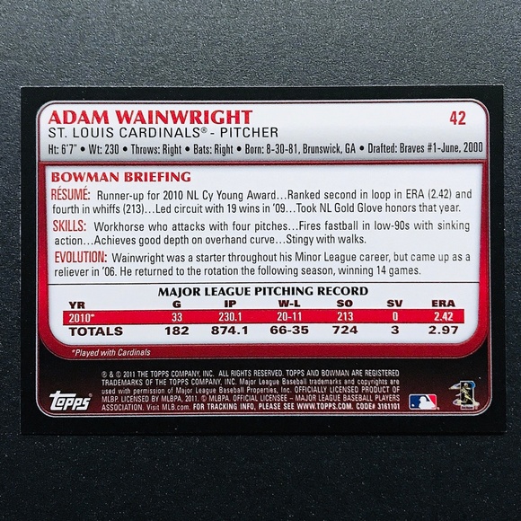 Adam Wainwright - 2011 Bowman #42 - Picture 2 of 2